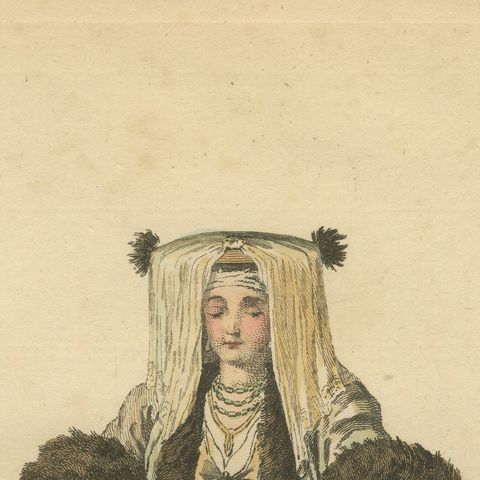 Antique Costume Print Grecian Lady Bridal Dress Jefferys, 1749, close-up 6