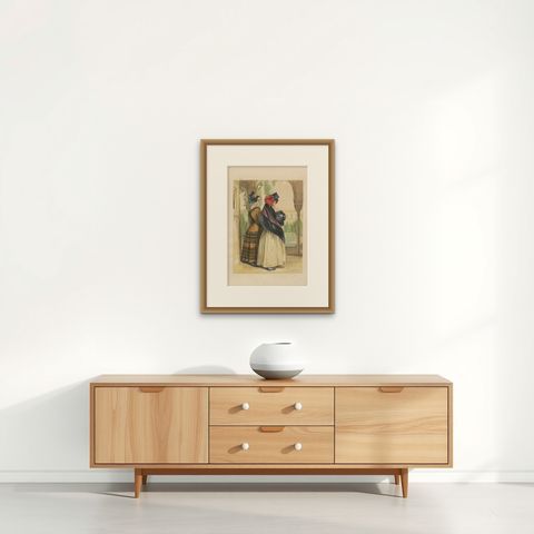 Antique Print of Two Spanish Ladies by J.F. Lewis, 1836, shown framed on a wall