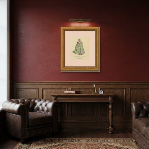 Habit of Queen Elizabeth from Holbein in 1551, Jefferys Costume Plate, 1757, shown framed in a room