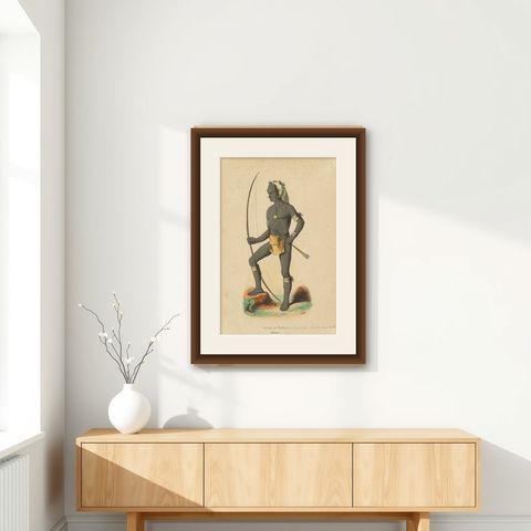 Antique Costume Print of a Warrior of Vanikoro Island by Wahlen, 1843, shown framed on a wall