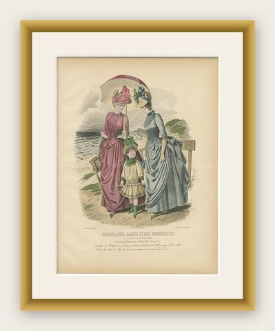 Antique French Fashion Plate, Seaside Ladies with Parasol & Child, c.1880, shown framed