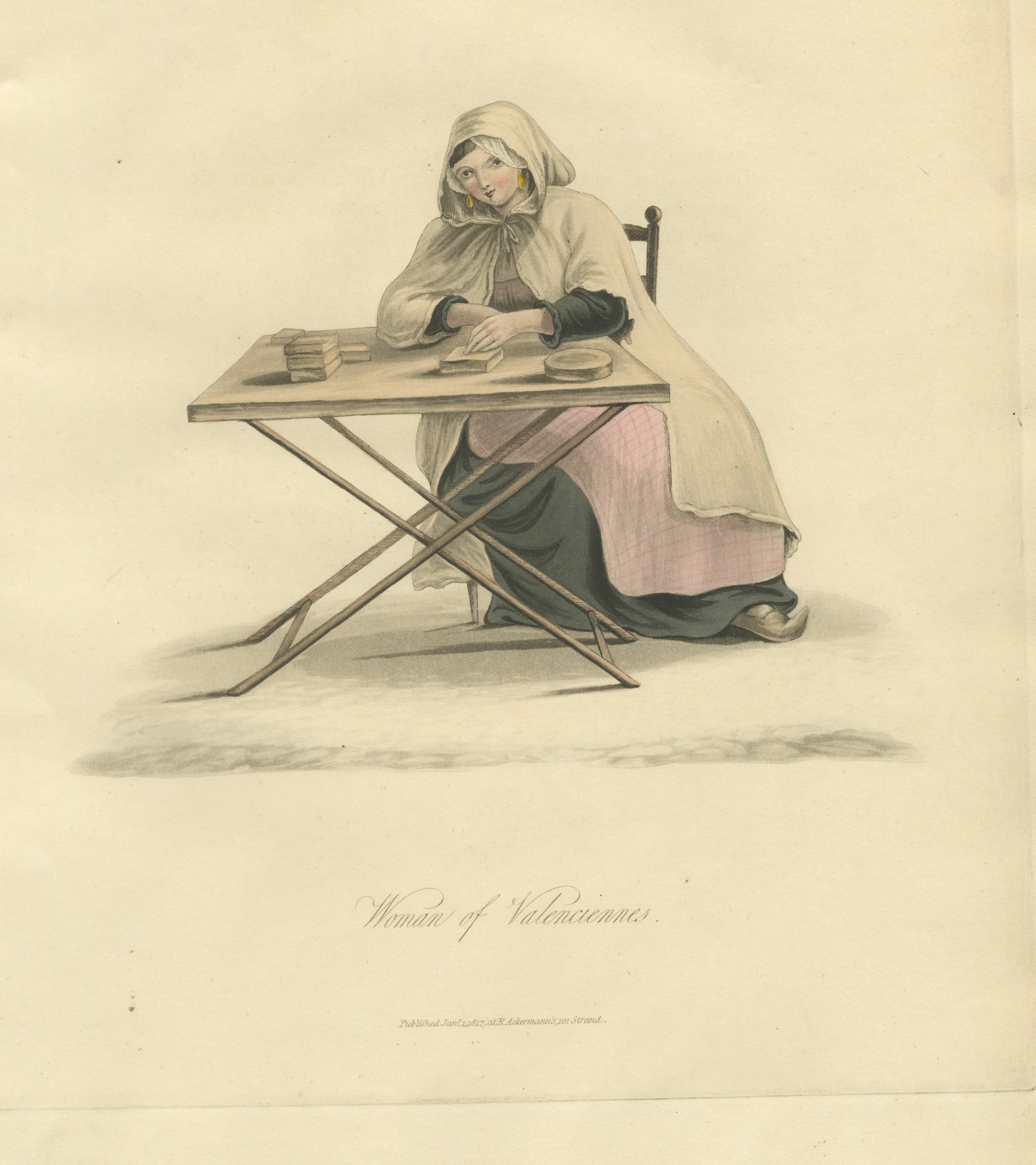 Woman of Valenciennes at her Table, Antique Ackermann Print, 1817