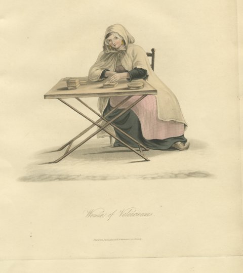 Woman of Valenciennes at her Table, Antique Ackermann Print, 1817