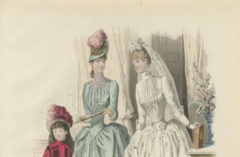 French Fashion Print, Bridal Scene with Ladies & Child, c.1887, close-up 6