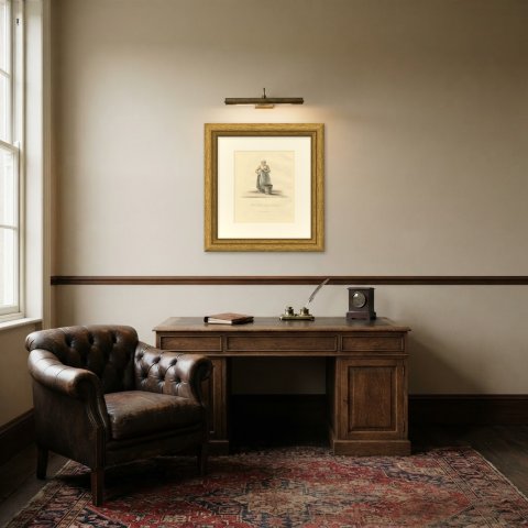 Maid Servant washing the Pavement, Dutch Cleanliness, Antique Print, 1817, shown framed in a room