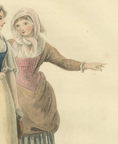 Girls near Valenciennes, French Regional Dress, Antique Print, 1817, close-up 2