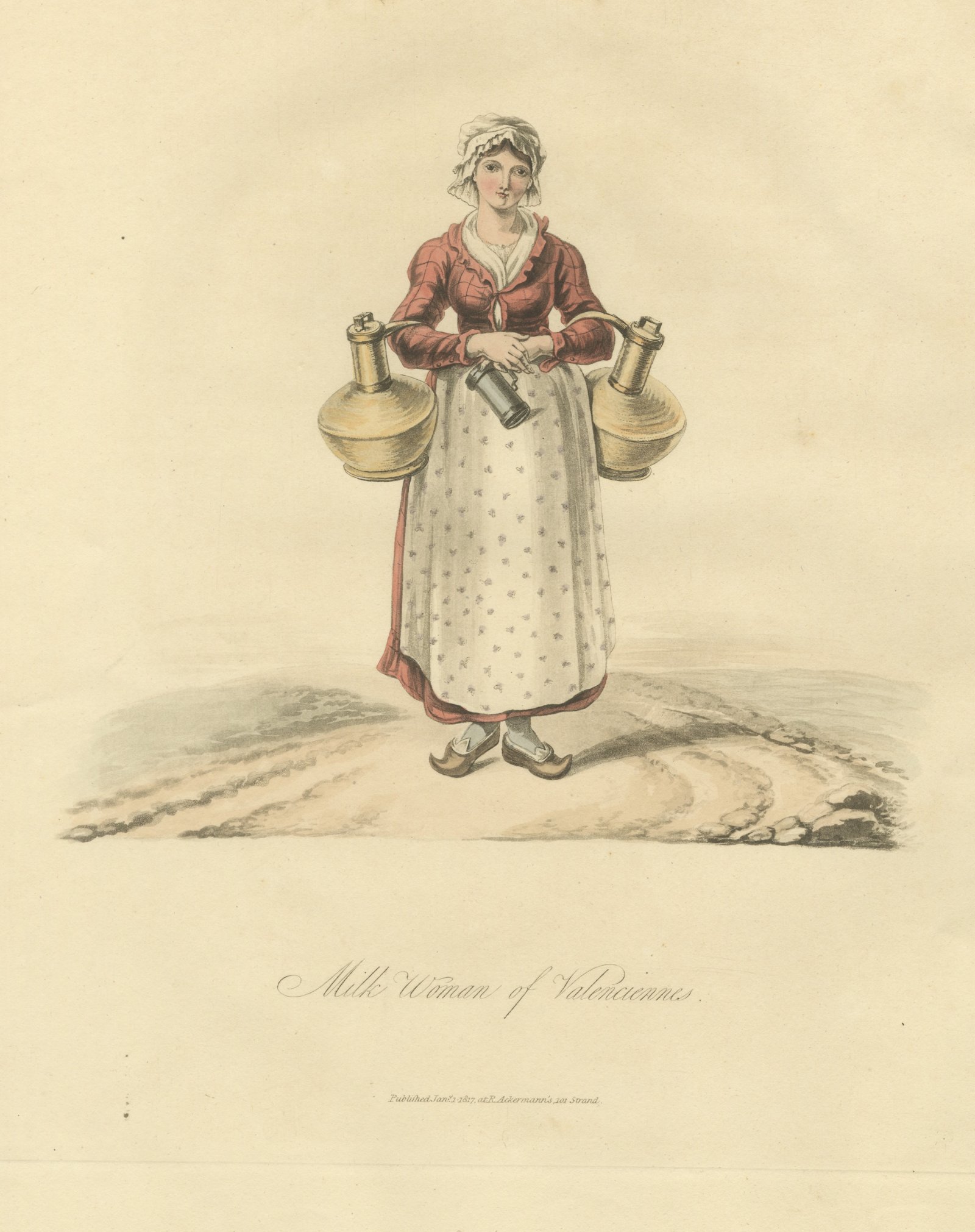 Milk Woman of Valenciennes with Brass Milk Cans, Antique Ackermann Print, 1817