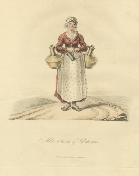 Milk Woman of Valenciennes with Brass Milk Cans, Antique Ackermann Print, 1817