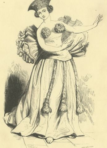 Dancer at Tahiti, Antique Wahlen Costume Print, 1843-1844, close-up 1