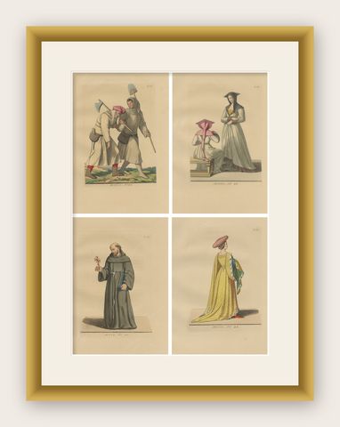 Medieval Court, Clergy & Peasants, 4 Antique Costume Prints, Bonnard 1845, shown framed