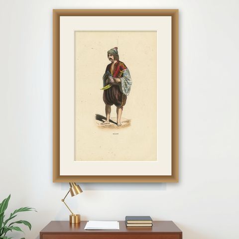 Bulgarian Man in Traditional Dress, Hand-Coloured Lithograph, c.1845, shown framed on a wall