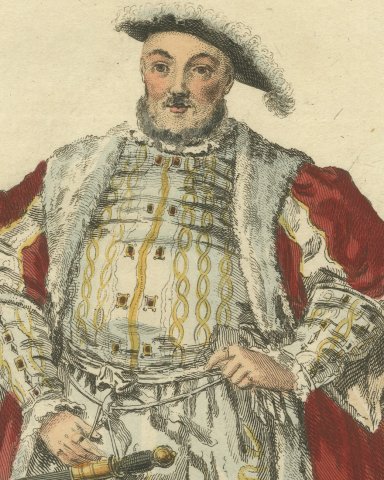 Habit of King Henry VIII in 1520, Hand Colored Jefferys Costume Plate, 1757, close-up 1