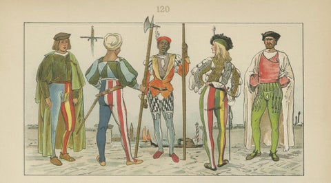 Italy circa 1500, Antique Hand-Colored Renaissance Costume Print, Published 1880, close-up 2