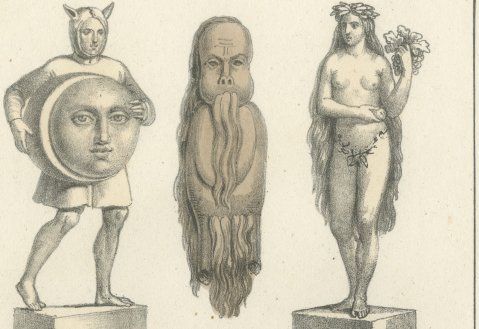 Ancient Germanic Deities and a Sacrifice, Partially Hand Colored, 1842, close-up 1