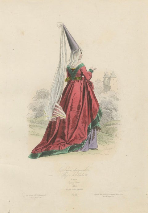 Antique French Costume Print of a Noble Lady in Medieval Attire, 19th Century, close-up 4