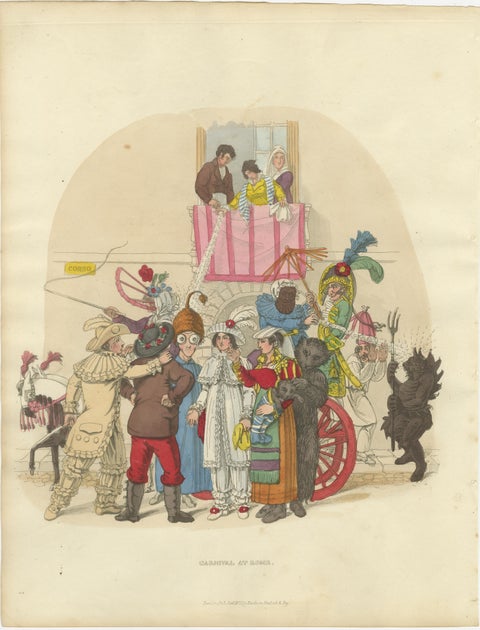Roman Carnival Costumes & Festivity - 1820 Etching of Celebration, view 2
