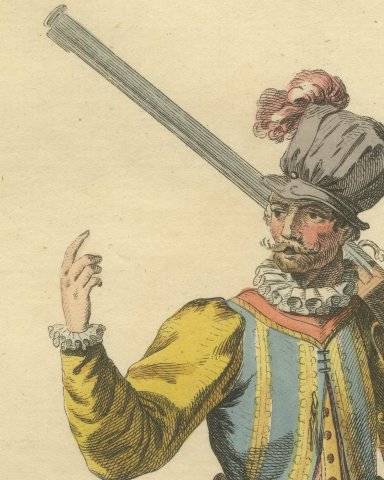 Dutch Soldier in 1588 with a Musket, Hand Colored Jefferys Costume Plate, 1757, close-up 1