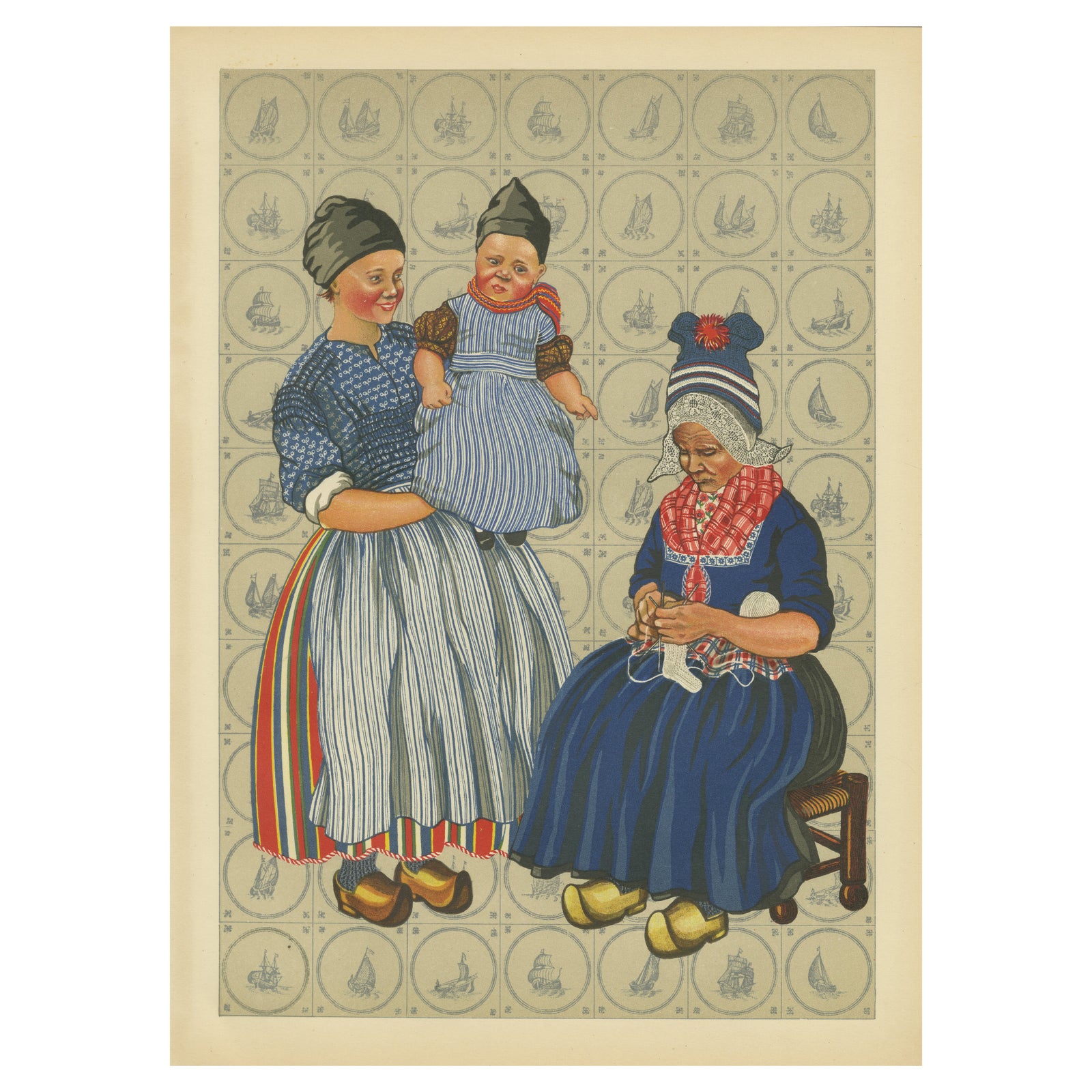 Volendam Women and Child in Traditional Work and Everyday Dress, Lithograph 1932
