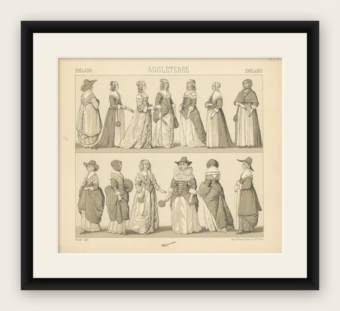 Pl. 158 Antique Print of English Dresses by Racinet, 'circa 1880', shown framed