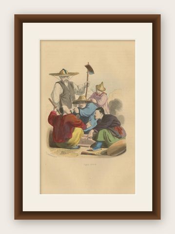 Chinese Laborers Gambling in Traditional Attire from Wahlen's 1844 Lithographs, shown framed