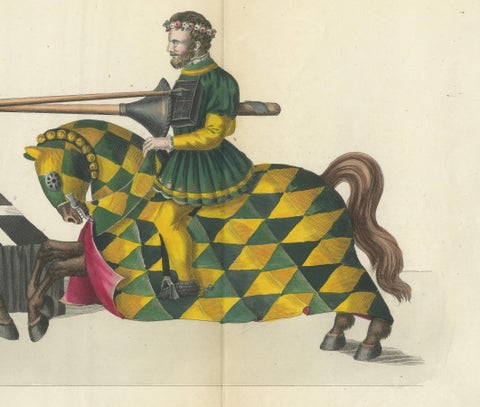 19th-Century Hand-Coloured Lithograph of Jousting Gentlemen in Vibrant Attire, close-up 3
