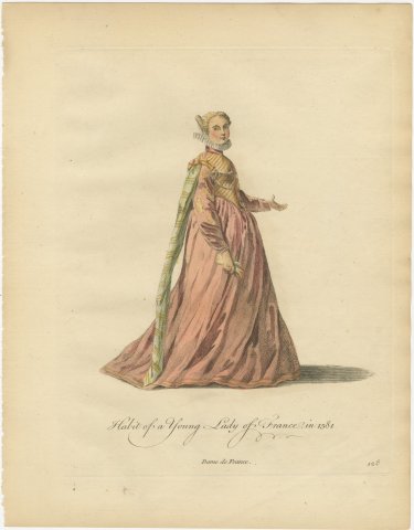 Young Lady of France in 1581 in a Rose Gown, Jefferys Costume Plate, 1757, view 2