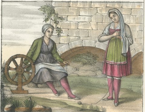 Women of Chios and Paros with a Spinning Wheel, Hand Colored, 1842, close-up 2
