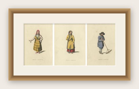 Traditional Attires of Early 19th Century Russia: A Visual Record in Engravings, shown framed