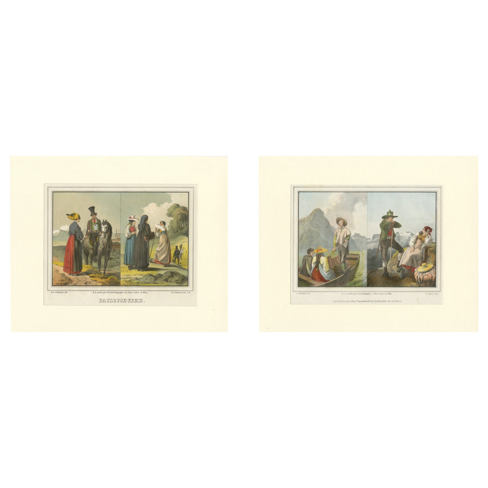 Austrian Folk Costume Pair, Hausruckkreis, Alpine Genre Scenes, 19th Century