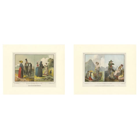 Austrian Folk Costume Pair, Hausruckkreis, Alpine Genre Scenes, 19th Century