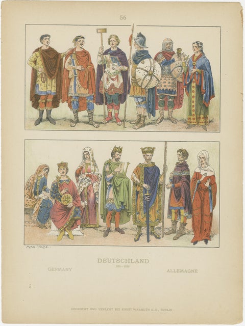 Antique German Costume Print 500–1000, Hand-Colored Historical Plate, ca.1880, view 2