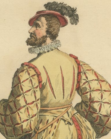 Habit of a Swiss Officer in 1588, Hand Colored Jefferys Costume Plate, 1757, close-up 1