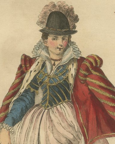 Lady of Quality in France with a Red Striped Cape, Jefferys Costume Plate, 1757, close-up 1