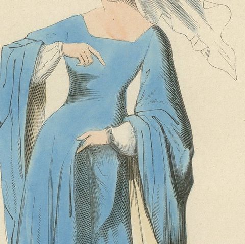 Noble Damsel of the Middle Ages in Traditional Blue Gown and Headdress, 1847, close-up 5