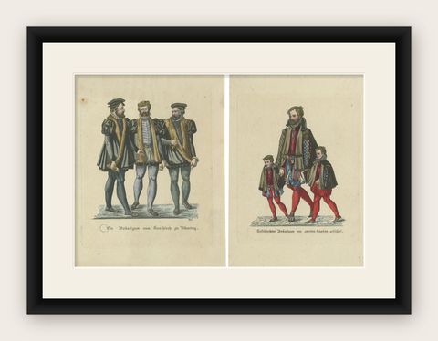 Renaissance Nobility: Württemberg and Mainz Engraved and Handcolored, circa 1850, shown framed