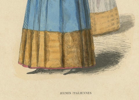 Antique Print of Italian Maidens in Traditional Attire, 1847, close-up 1