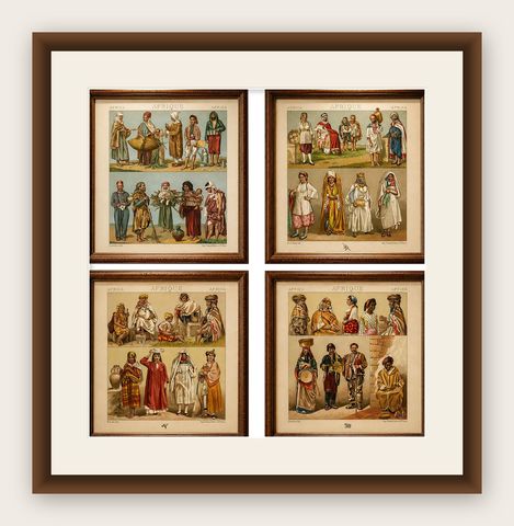 North African Costumes & Figures Set of 4, Racinet Afrique Plates, 1888, shown framed