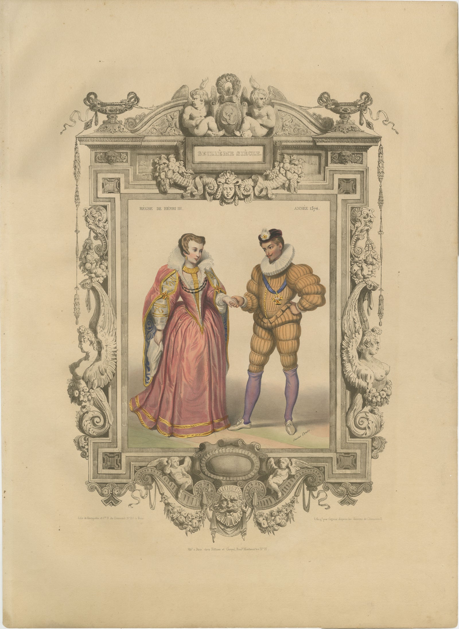 Henri III French Court Costume, Royal Couple Costume Lithograph, 1847