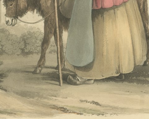 Country Woman and Donkey going to Valenciennes, Antique Print, 1817, close-up 3
