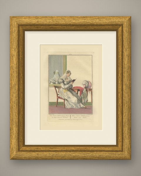 North Holland Lady in her Drawing Room, Dutch Costume Print, circa 1820, shown framed