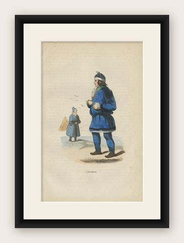 Laplanders in Traditional Winter Dress, Berghaus Ethnographic Print, 1855, shown framed