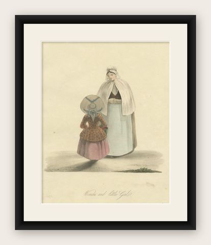 Antique Print of a Woman and Little Girl in Traditional Dutch Costume, 1817, shown framed