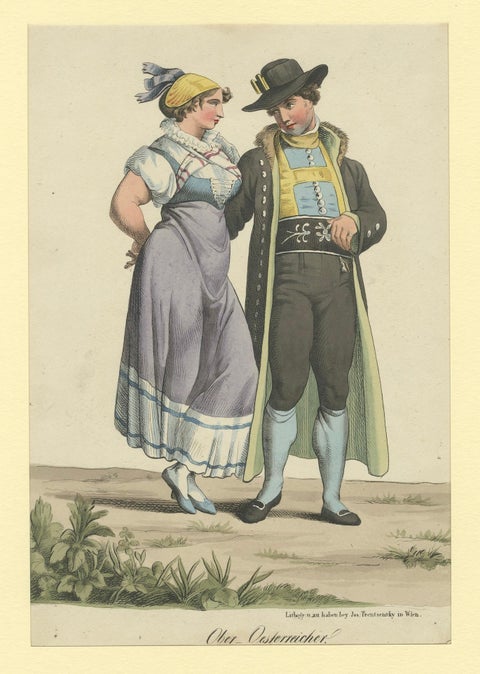Upper Austria Folk Costume Couple, Antique Lithograph, Trentsensky c.1825, close-up 1