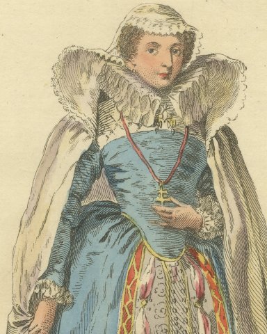 Habit of Mary Queen of Scots in 1570, Hand Colored Jefferys Costume Plate, 1757, close-up 1