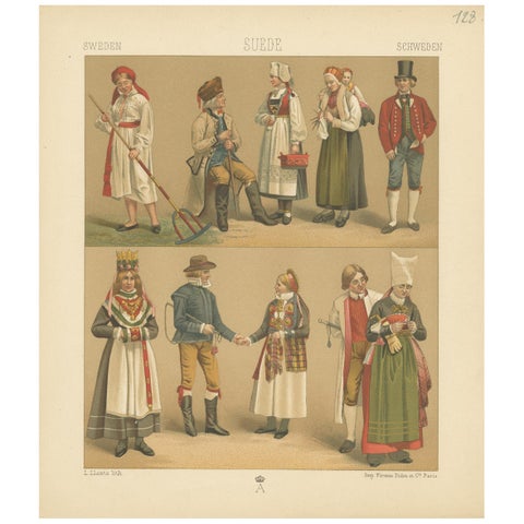 Pl. 128 Antique Print of Swedish Costumes of Racinet, 'circa 1880'