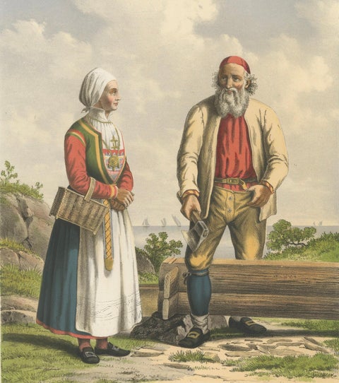 Folk Costumes near Bergen, Moranger and Oster Couple, 19th Century Print, close-up 3
