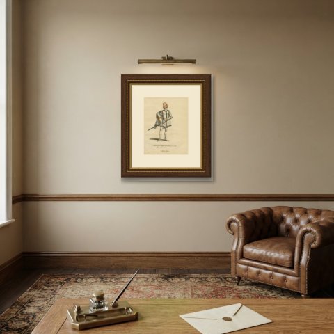 English Gentleman in 1588 with Shield and Sword, Jefferys Costume Print, 1757, shown framed on a wall