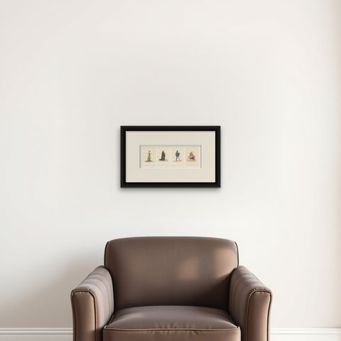 Set of Four Medieval Figures, Costume & Daily Life, Handcolored Engravings 1845, shown framed on a wall
