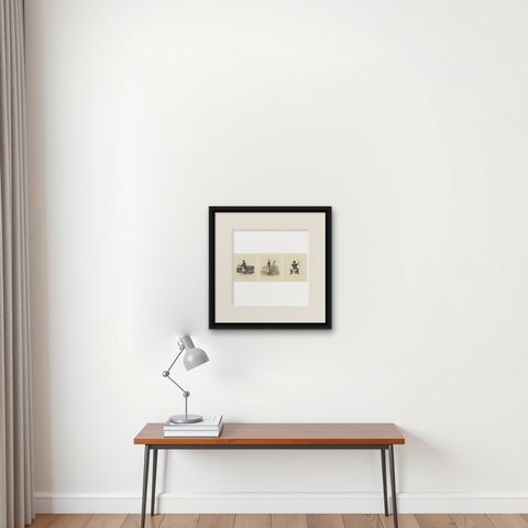 French Costumes and Trades, 3 Finely Coloured Prints by R. Bridgens, 1835, shown framed on a wall