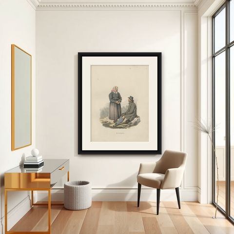 Antique Costume Print of Älvdale, Dalarna, Sweden, c.1864, shown framed in a room